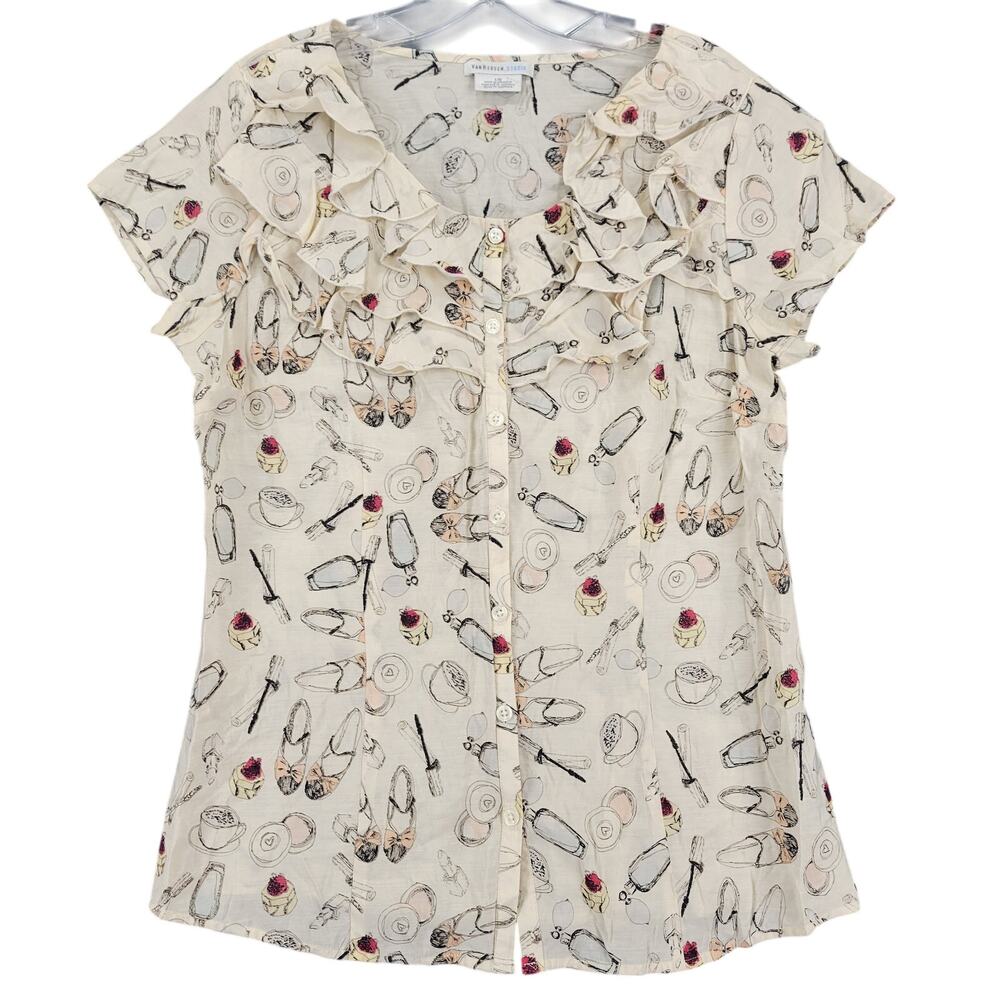 Van Heusen Cream Ivory Shirt Ruffled Sheer Buttons Scoop Short Sleeves Women's L